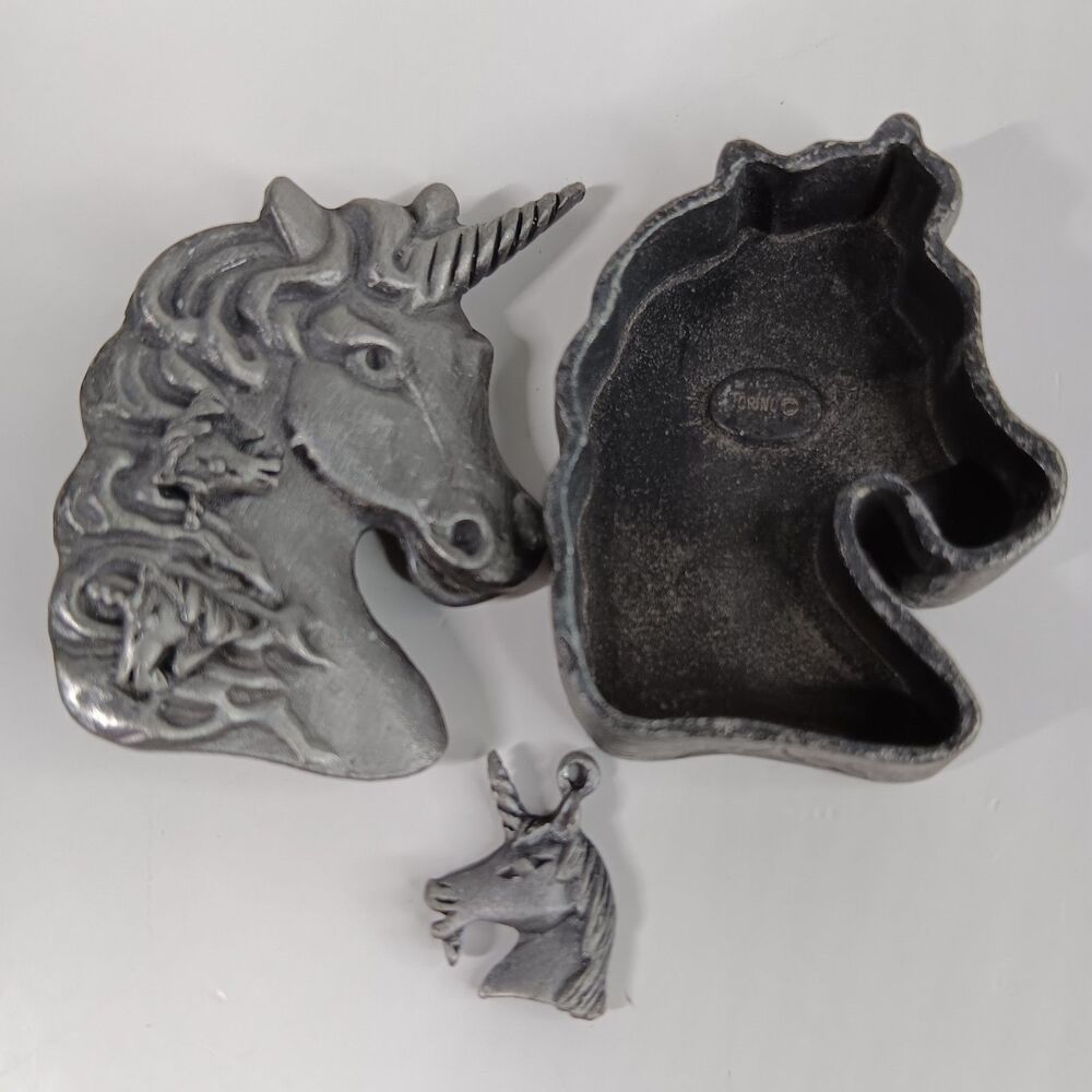 Vtg Torino Pewter Unicorn Shaped Jewelry Pendant Charm Brooch Earrings Box Set